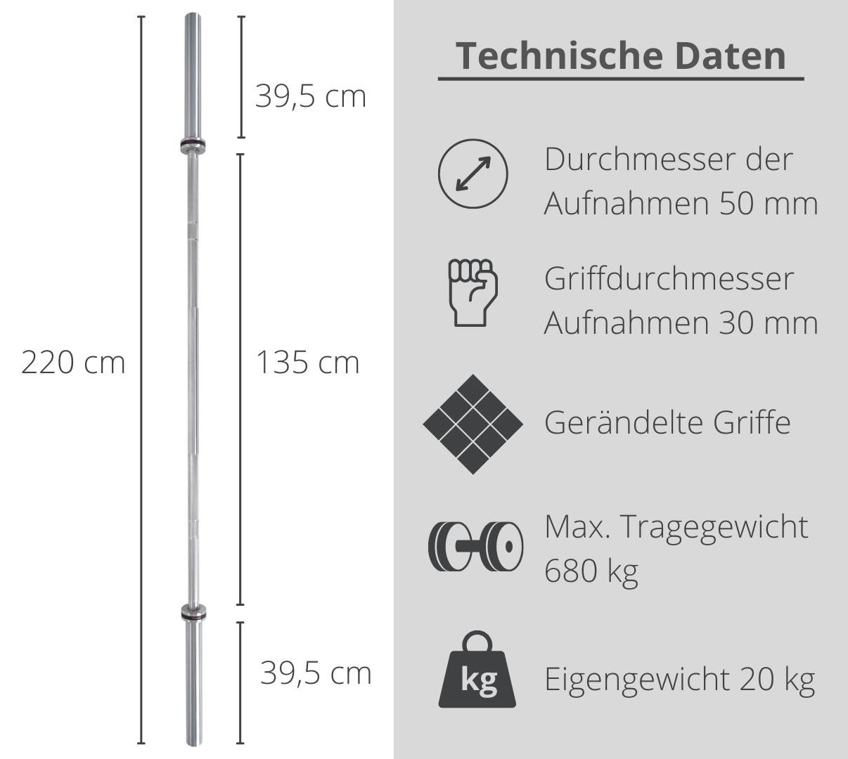 FUEL Fitness Olympia Langhantelstange Pro 220cm bis 680kg inkl. Schnellverschlüsse